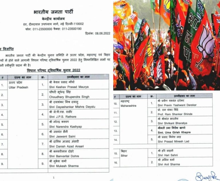 भाजपा ने यूपी, बिहार और महाराष्ट्र में विधान परिषद चुनाव के लिए प्रत्याशियों के नामों का किया एलान, देखें सूची