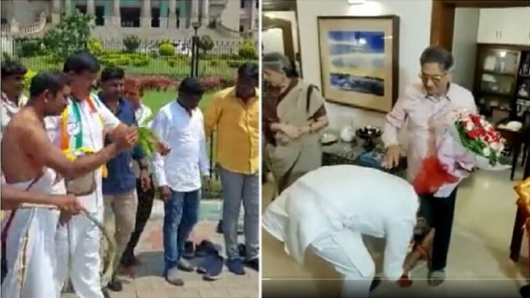 बड़ी ख़बर: कांग्रेस विधायकों ने सदन के बाहर छिड़का गोमूत्र, शिवकुमार ने इस BJP नेता के छुए पैर