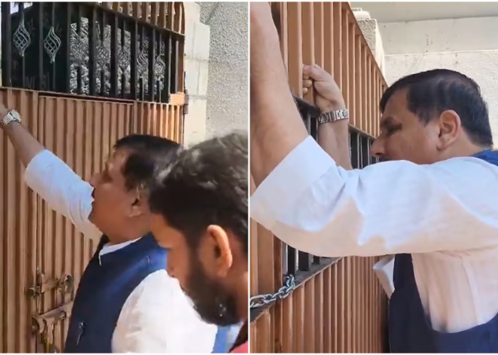 श्रीनगर में नजरबंदी का आरोप लगाते हुए संजय सिंह फाटक फांदकर पहुंचे फारूक अब्दुल्ला से मिलने